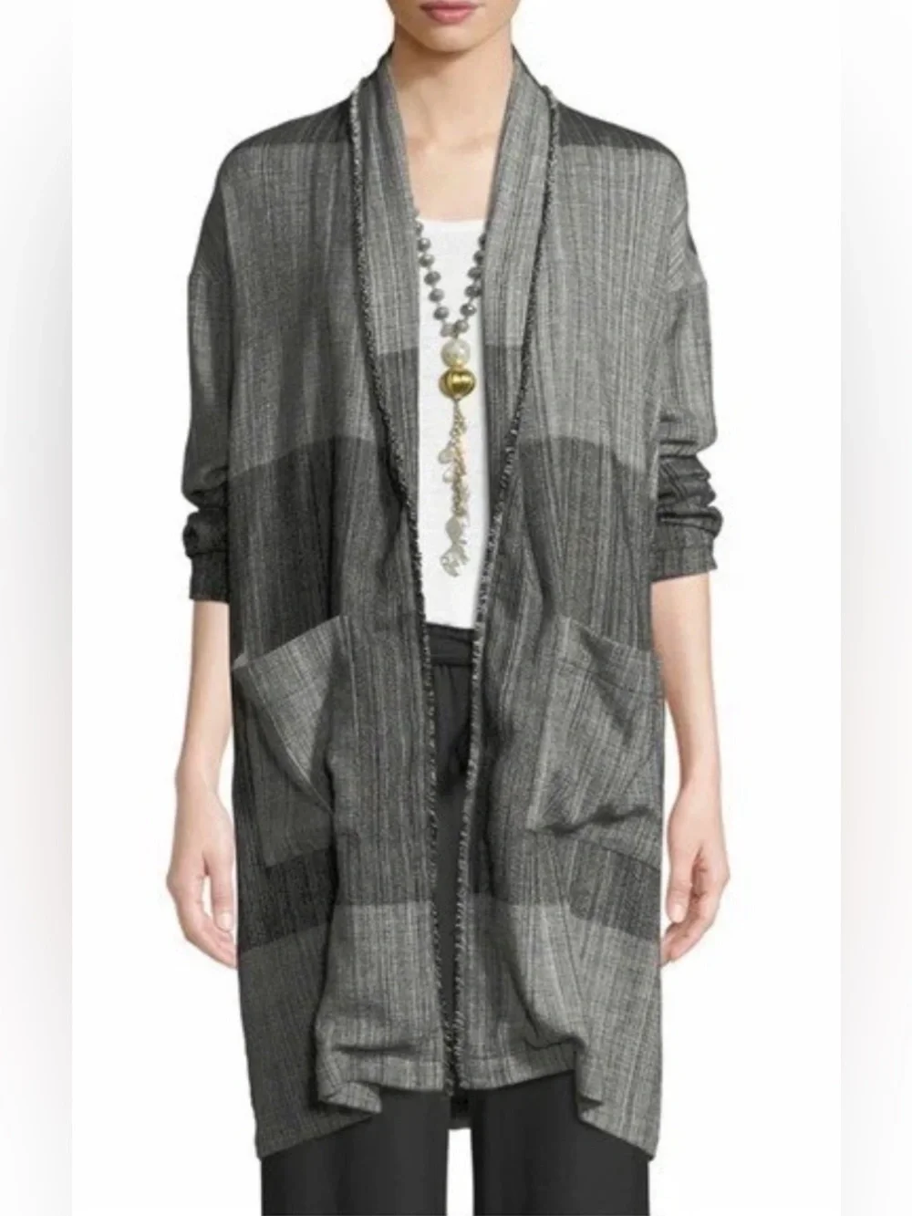 Eileen Fisher Gray Hazy Blocks Organic Cotton Duster Cardigan Jacket S/M